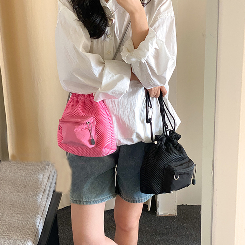 Small Mesh Drawstring Bucket Bag Shoulder Bag